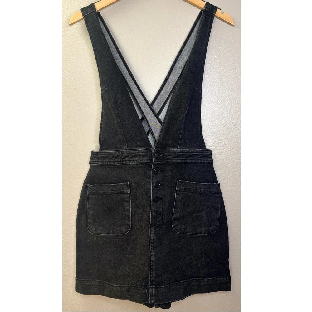 Free People Old School Love Black Wash Denim Mini Dress Overalls Skirtall - Picture 9 of 9